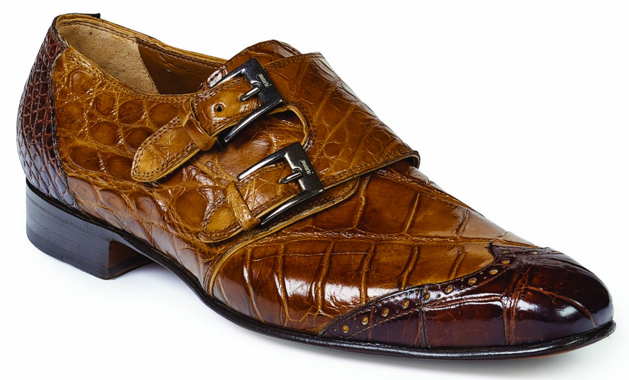 Mauri "Masolino" 1010 Brandy / Sport Rust Genuine Body Alligator Hand Painted Burnished Double Monk Strap Shoes.
