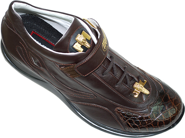 Mauri 8931 "MiMi" Dark Brown Genuine Crocodile Flanks And Nappa Leather Sneakers With Eyes, Silver Mauri Alligator Head & Mauri Logo Monk Strap