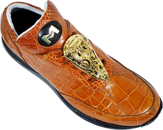 Mauri "Mogul" 8731 Cognac Genuine All-Over Alligator Sneakers With Large Gold Mauri Alligator Head