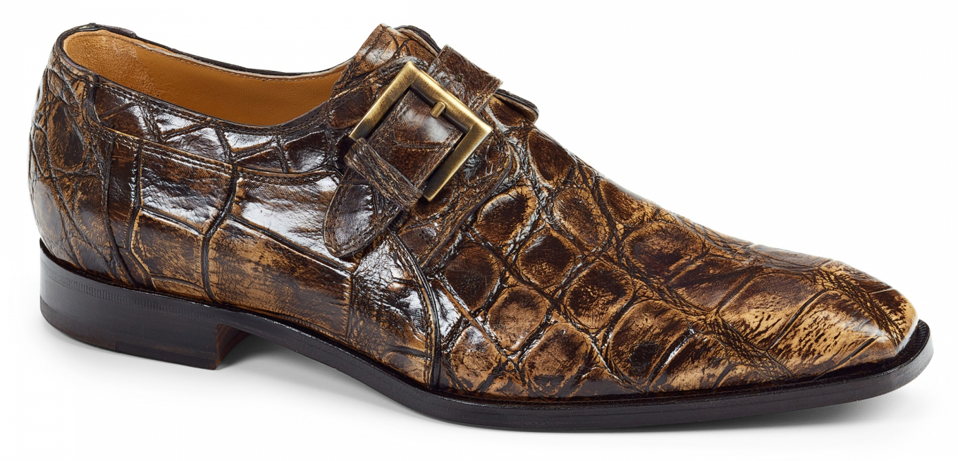 Mauri "Palatino" 1002 Beige / Brown All Over Genuine Body Alligator Hand Painted Two Tone Loafer Shoes With Monk Strap.