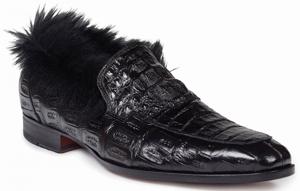 Mauri "Romeo" 4615 Black Genuine Baby Crocodile / Hornback Crown / Kangaroo Fur Loafer Shoes.