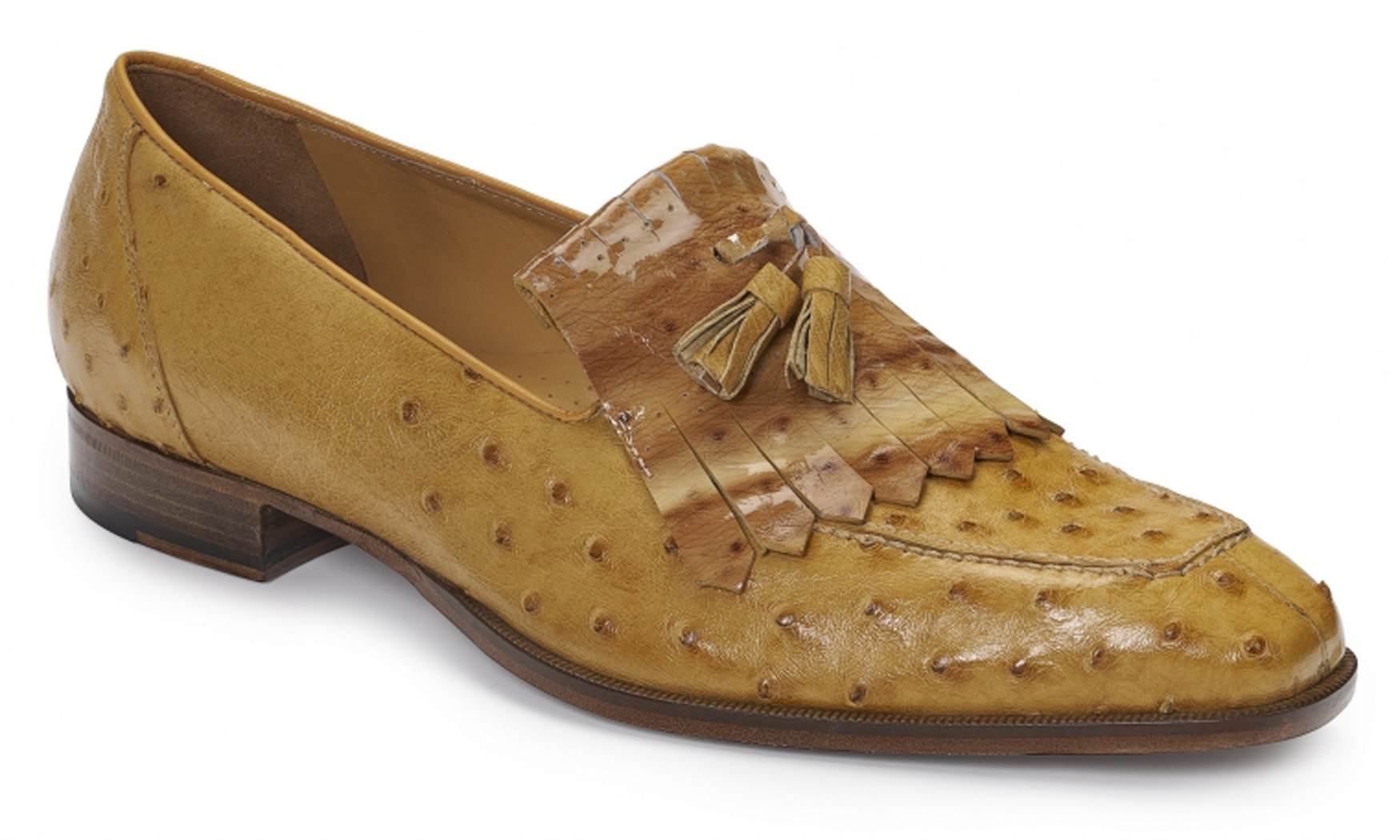 Mauri ''Taro'' 4881 Tabac Genuine Ostrich / Ostrich Patent Leather Moc-Toe Loafers With Kiltye /Tassels.