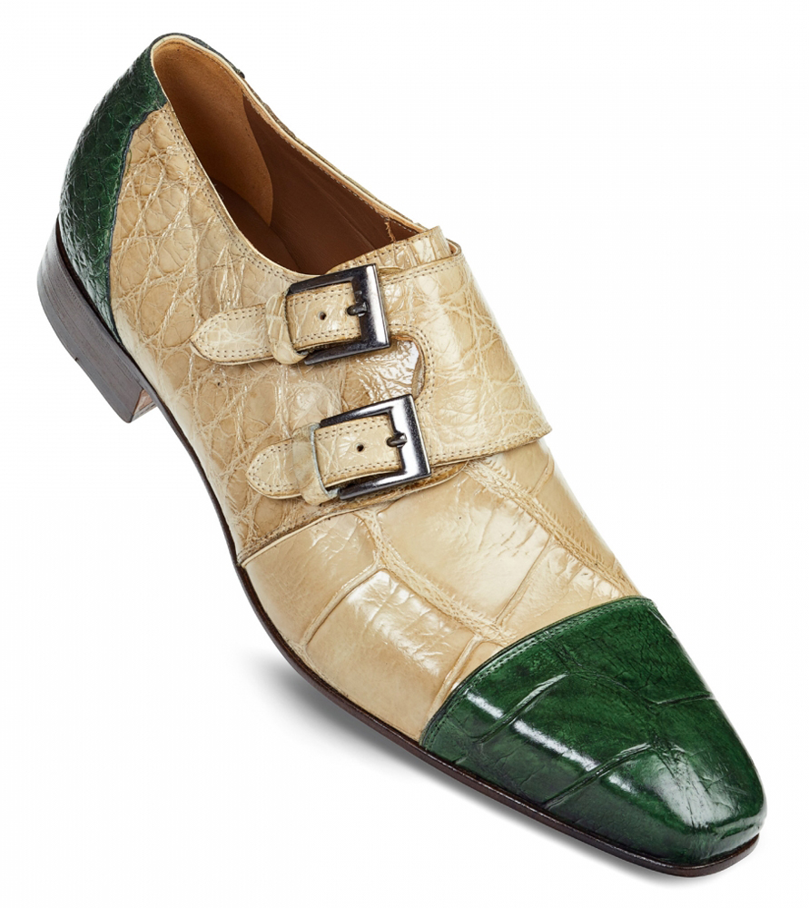 Mauri "Traiano" 1152 Bone / Hunter Green All Over Genuine Body Alligator Hand Painted Shoes With Double Monk Strap.