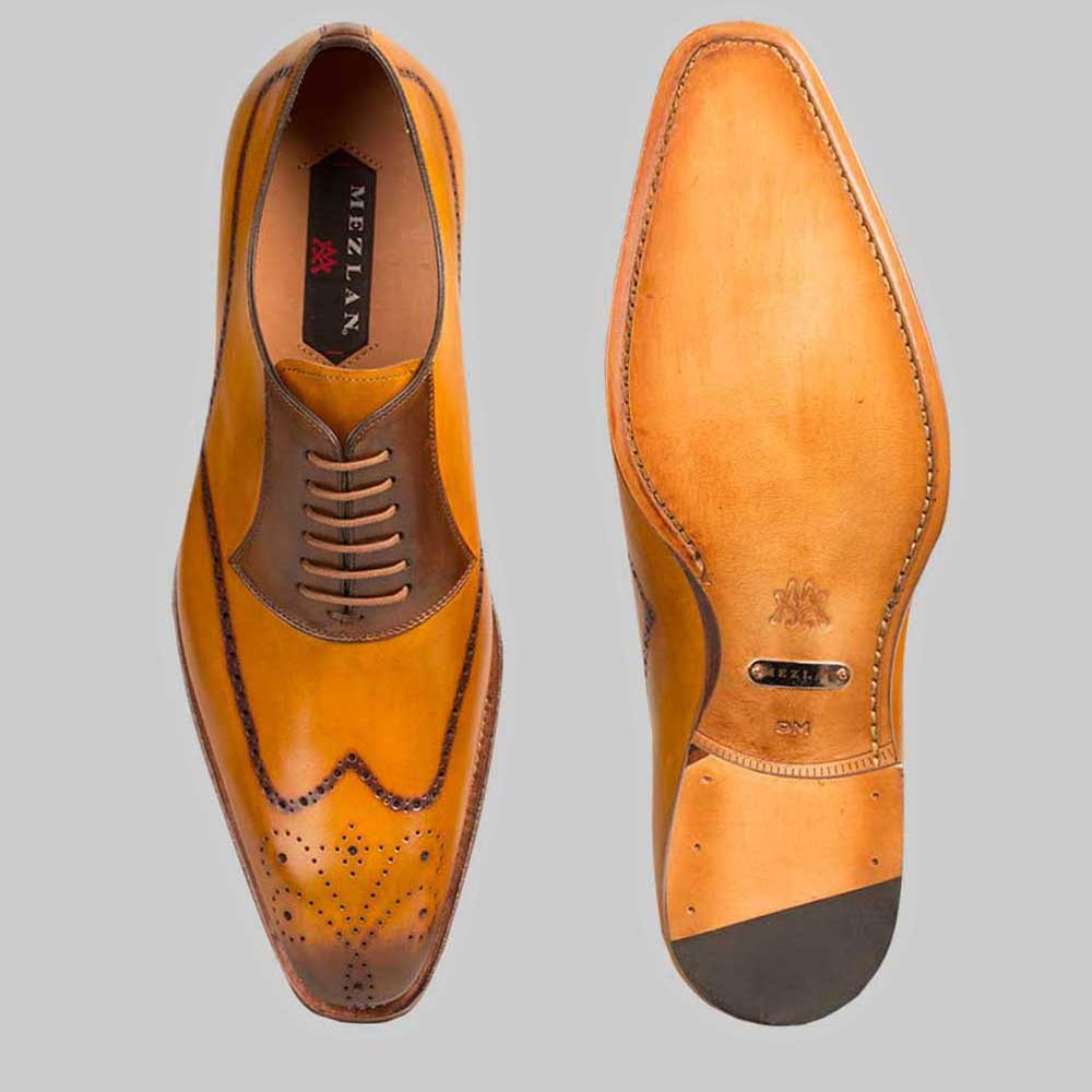 Mezlan Kelvin Mustard / Cognac Burnished Calfskin Wing Tip Oxford Shoes ...