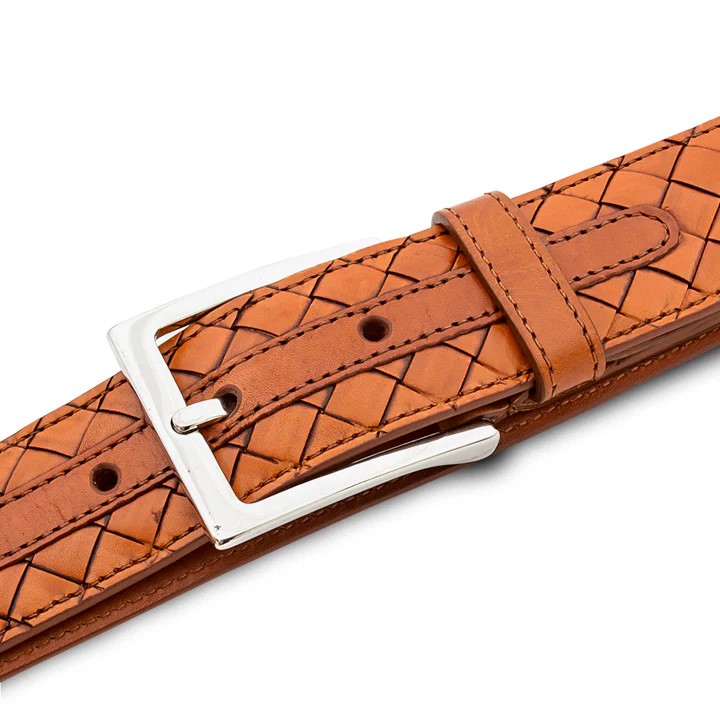 Mezlan Cognac Genuine Woven Calfskin Leather Belt AO11528.