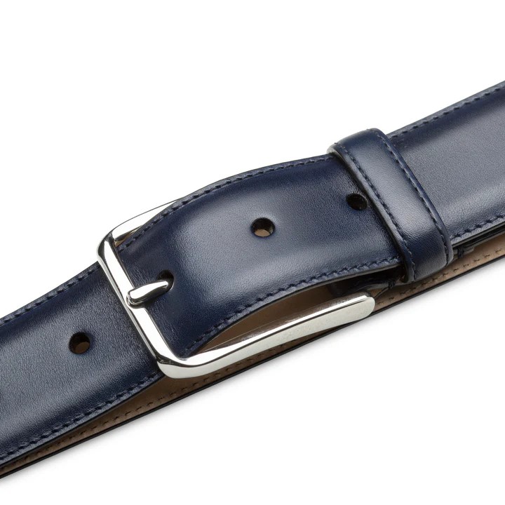Mezlan Blue Center-Piped Genuine Calfskin Leather Belt AO11532.