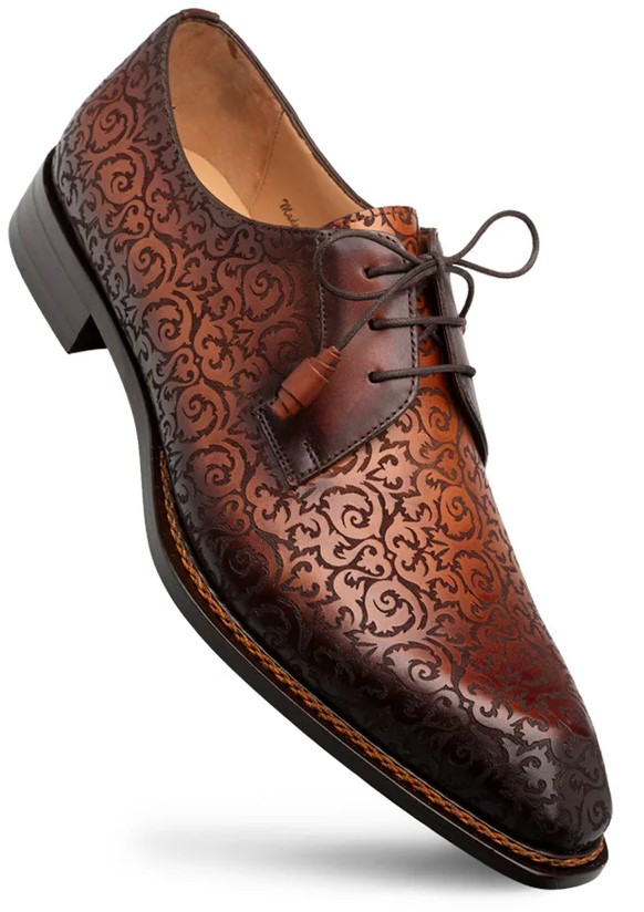 Mezlan "Lontani" Cognac / Rust Genuine Embossed Patterned Calfskin Leather Derby Shoes 21039.