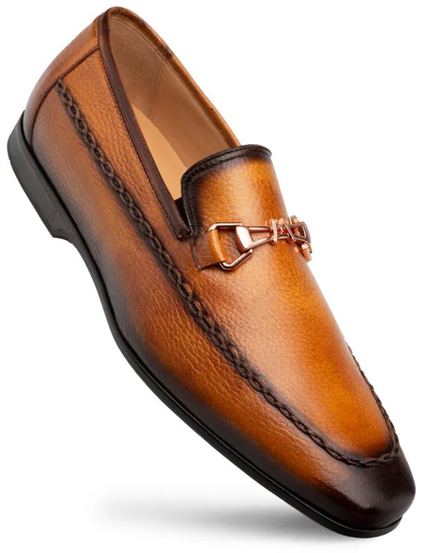 Mezlan Cognac Genuine Textured Patina Deerskin With Contrast Braided Stitching Loafer E21099.