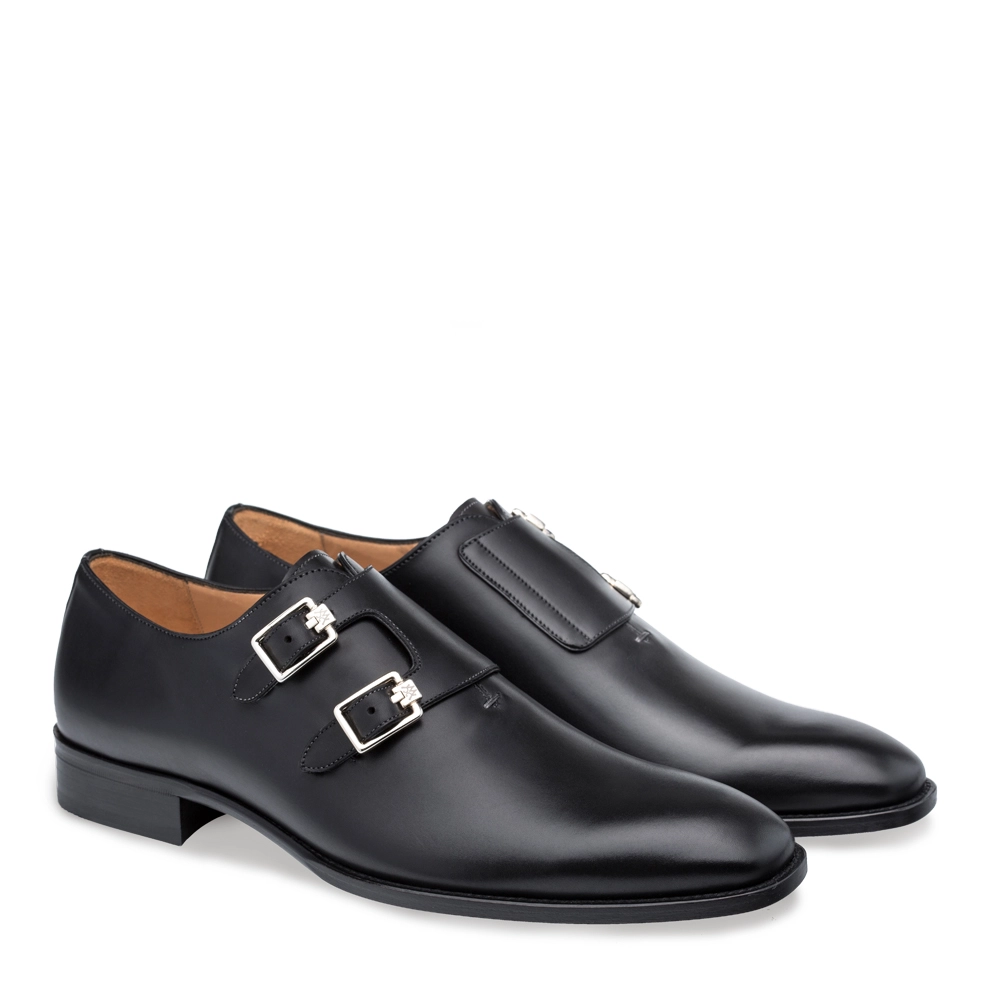 Mezlan ''Brescia'' Black Genuine Calfskin Double Monk Strap Shoes 9143.