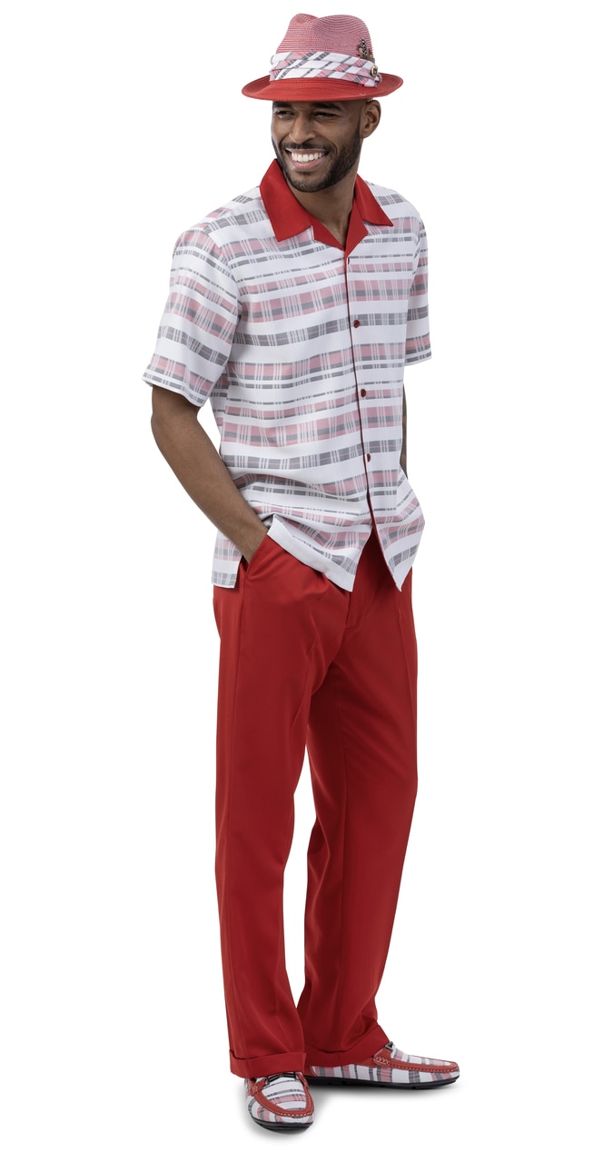 Montique Red / White / Grey Plaid Short Sleeve Outfit 2023