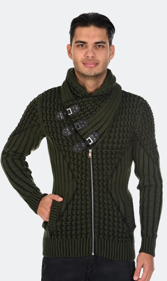 LCR Olive / Black Modern Fit Wool Shawl Collar Zip-Up Cardigan Sweater 12025
