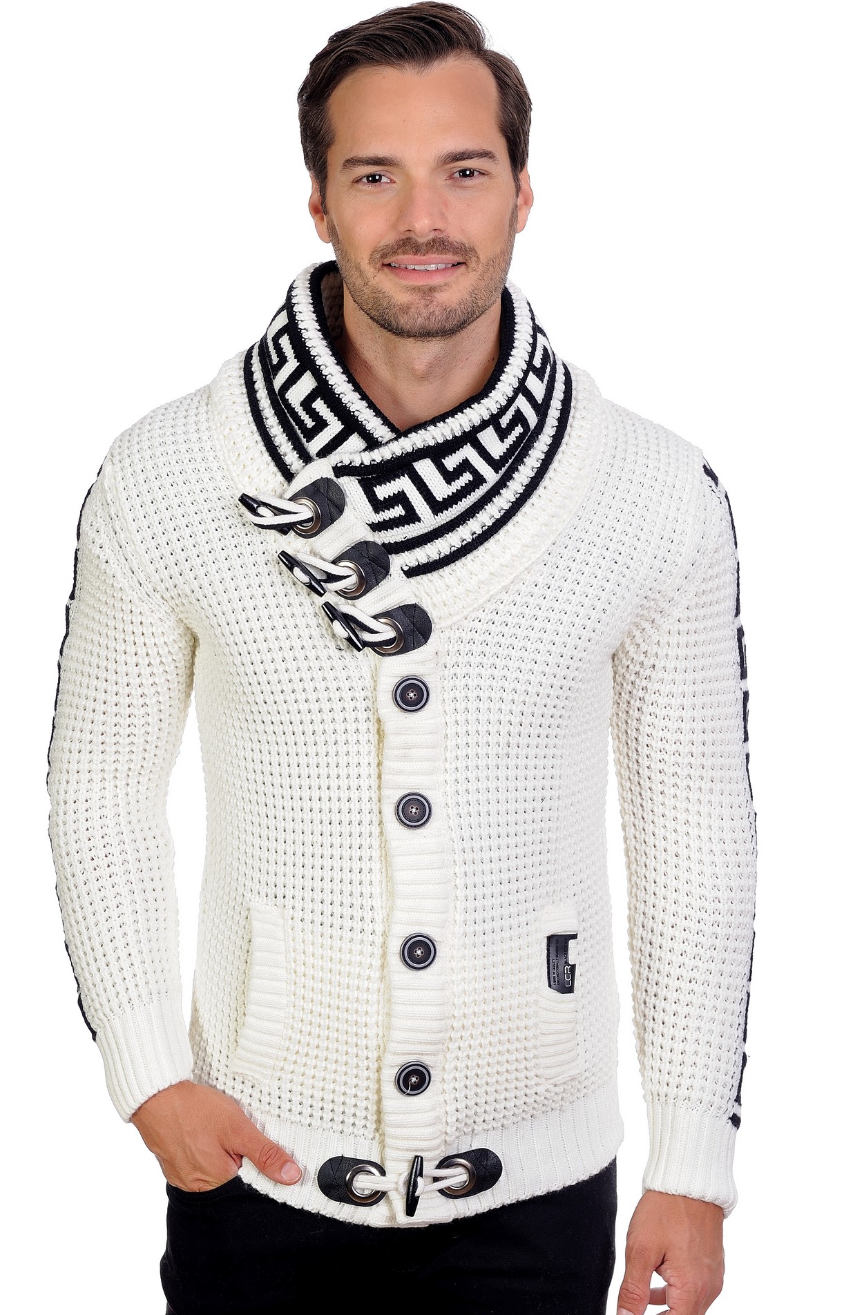 LCR Men's Fashion Sweater Knit Cardigan Color Ecru 5005 
