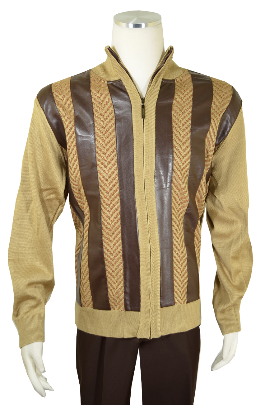 Bagazio Beige / Brown PU Leather Zip-Up Sweater BM2052