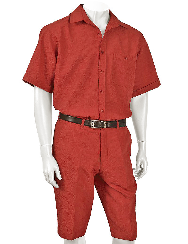 Giorgio Inserti Brick Red Seersucker Button Up Short Set Outfit 7381