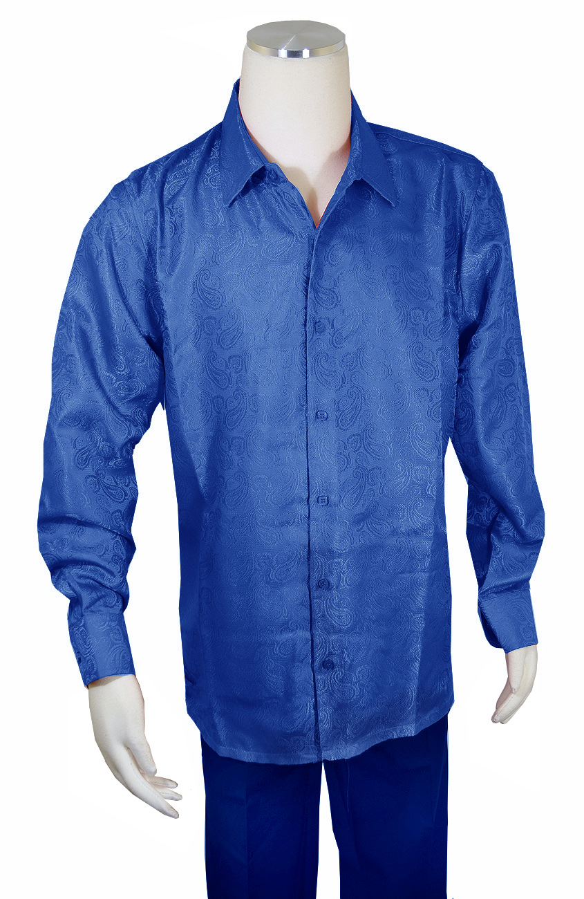 Bagazio Royal Blue Paisley EmbroideRoyal Blue Long Sleeve Satin Shirt BM1948