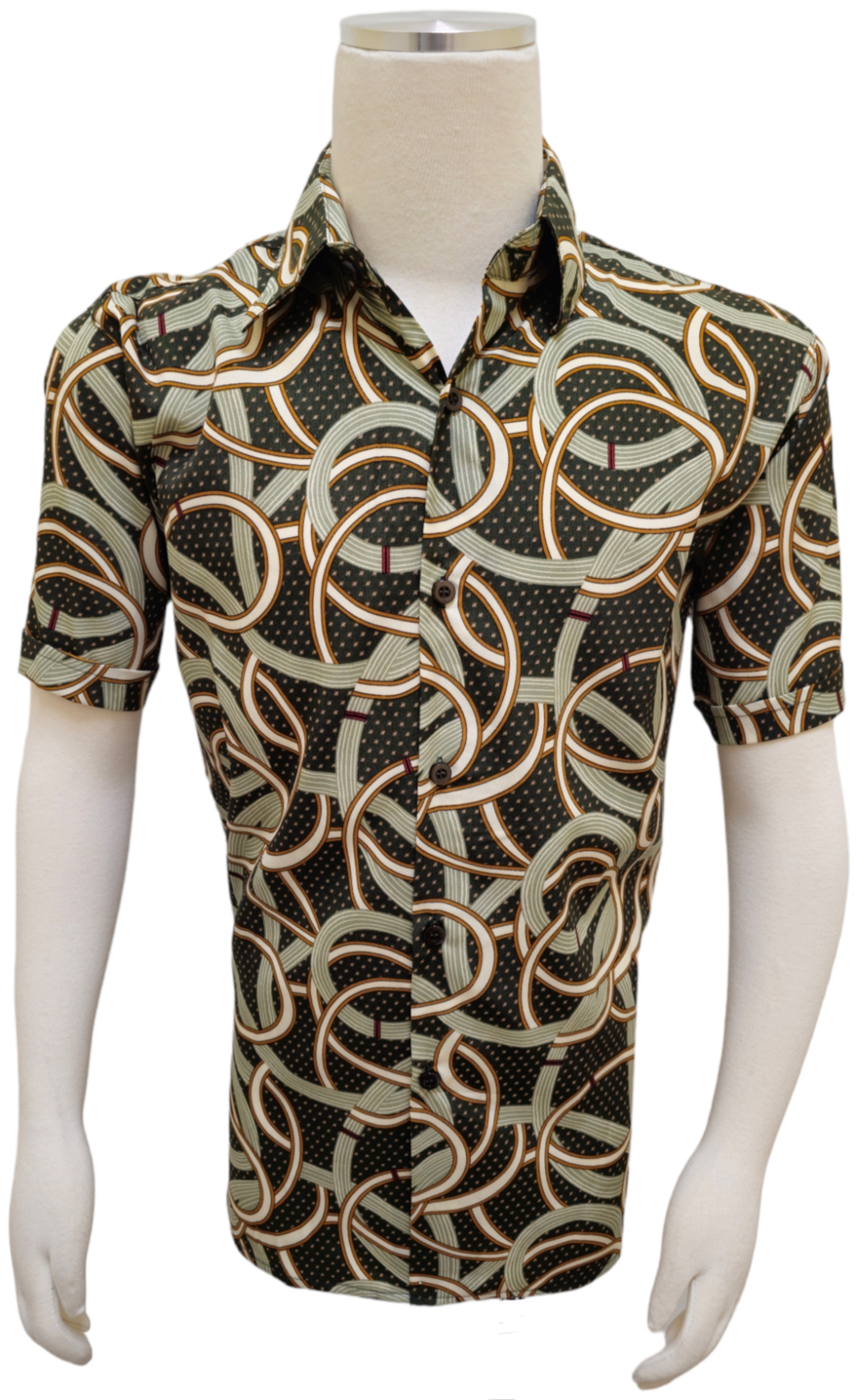 Pronti Olive Green / Cognac / Cream Abstract Design Short Sleeve Shirt S6668