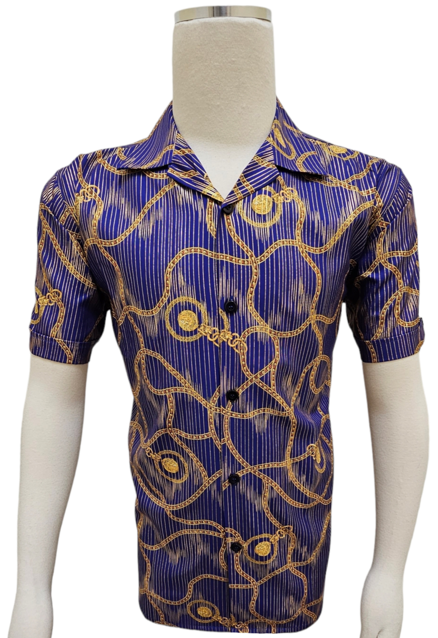 Pronti Royal Blue / Gold Medusa Greek Chain Design Short Sleeve Shirt S6670
