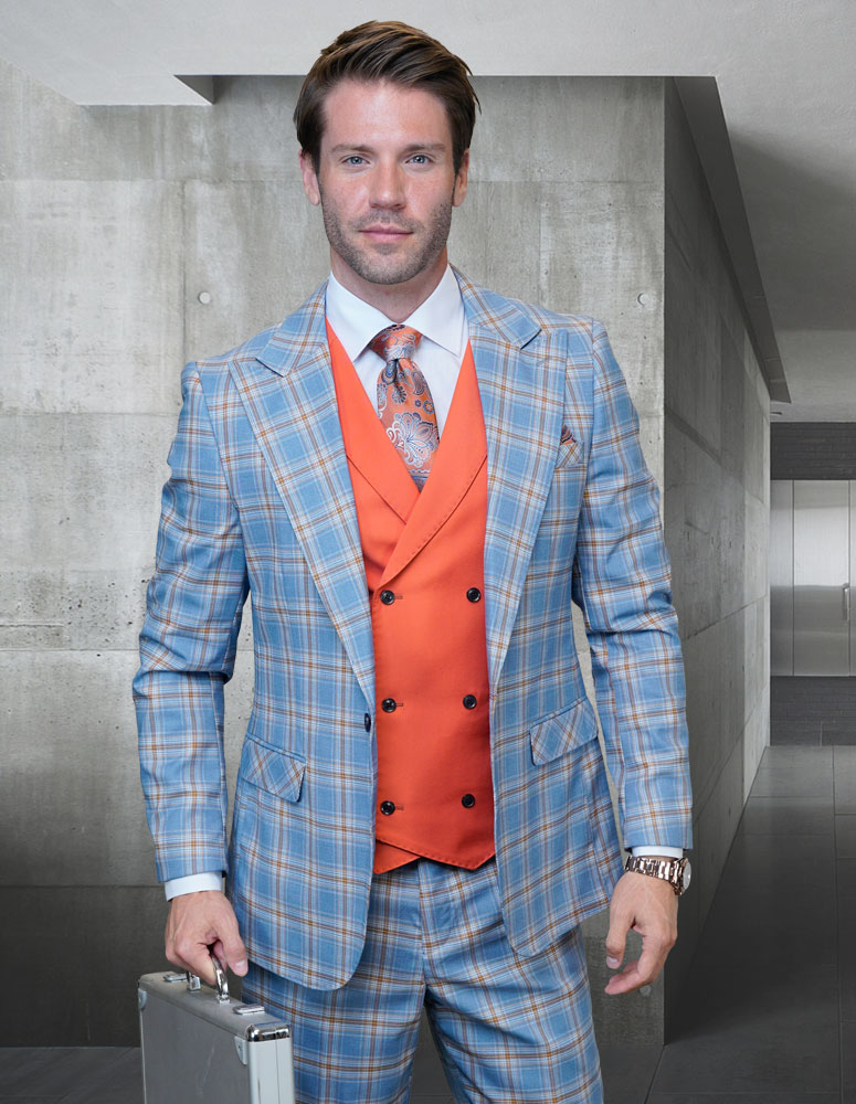 Statement "Sunset" Blue / Coral / Gold Super 180's Cashmere Wool Vested Modern Fit Suit