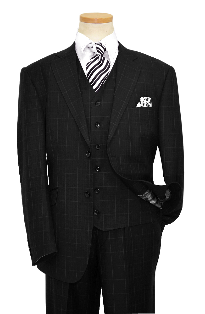 Statement Confidence Black With White Micro Windowpane Design Super 150's  Wool Vested Suit TZ-812 - $199.90 :: Upscale Menswear 