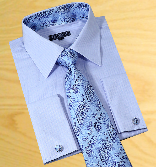 Tessori Sky Blue Shadow Stripes Spread Collar Shirt With / Tie / Hanky Set With Free Cufflinks SH-306