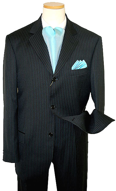 Extrema by Zanetti Black with Turquoise Pinstripes Super 150's Wool ...
