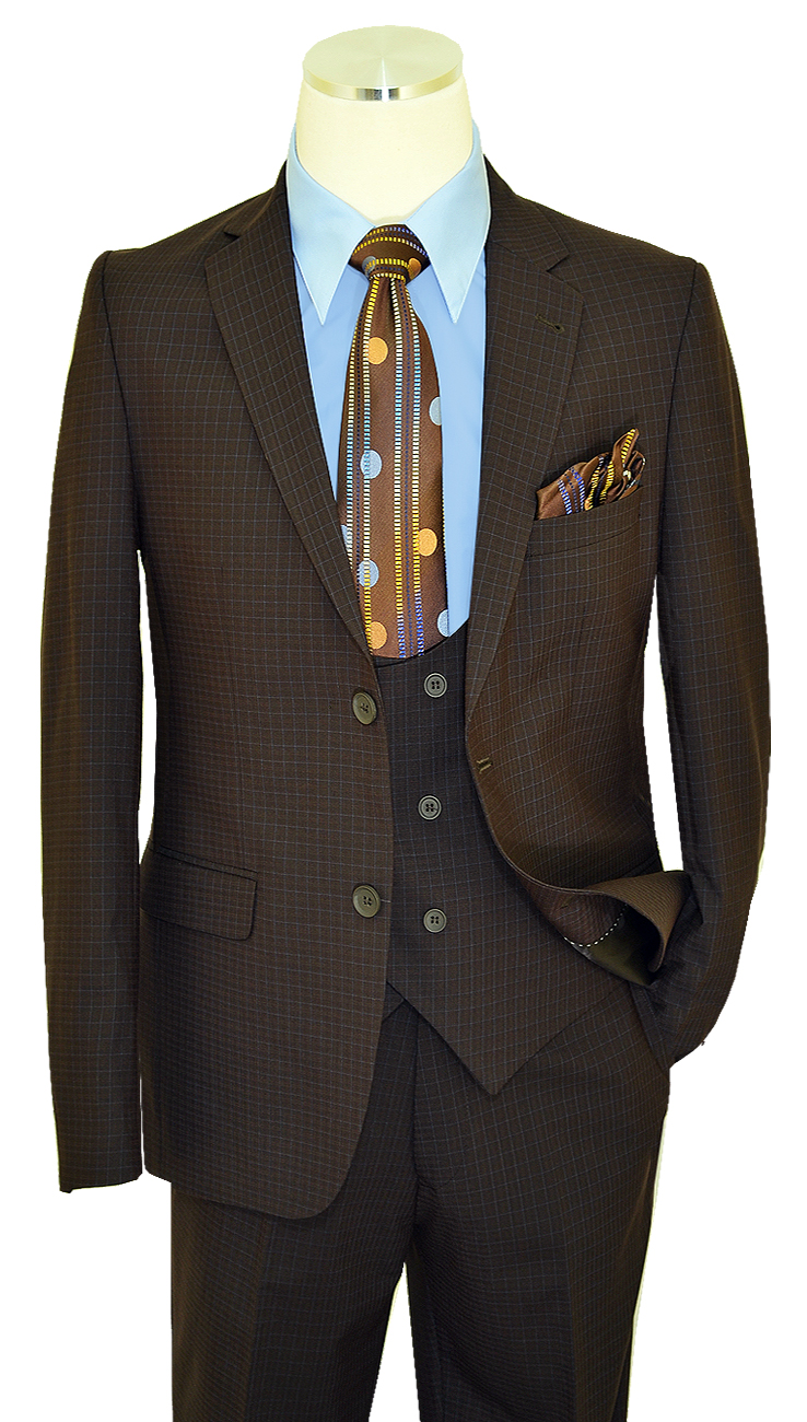 Ramzotti Brown / Sky Blue Micro Windowpane Modern Fit Rayon Blend Slim Fit Vested Suit 79076/5