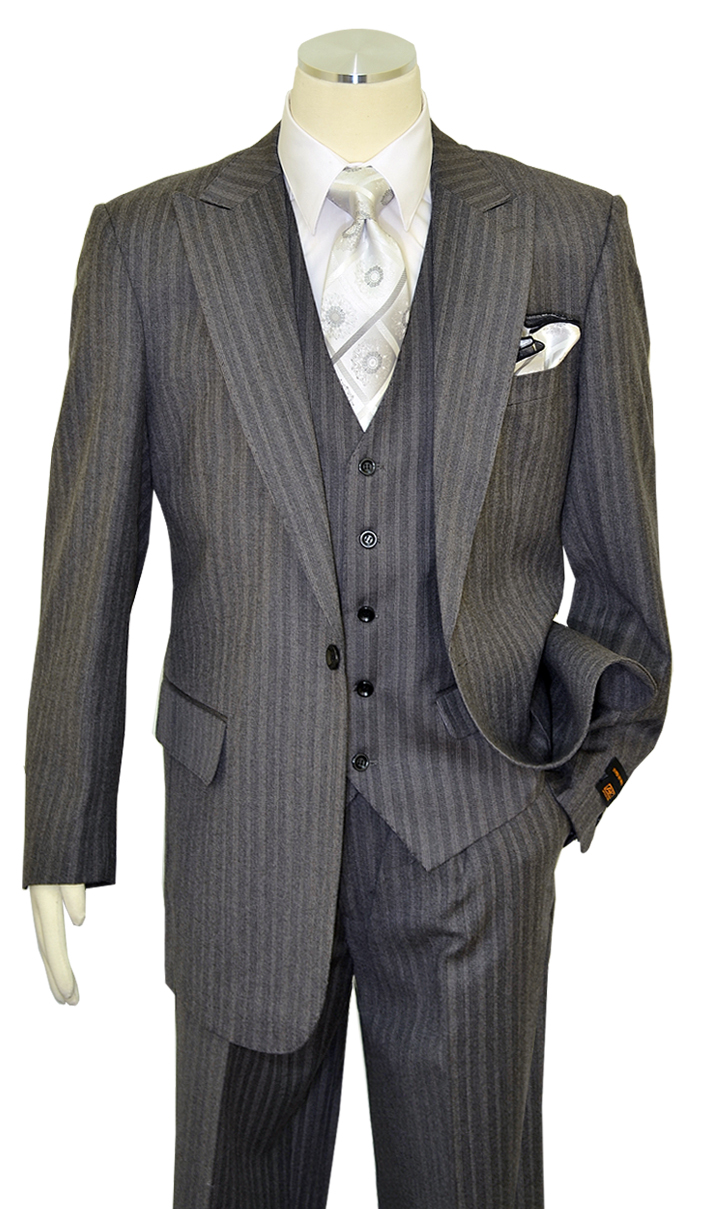 Apollo King Heather Grey With White Multi Pinstripes Super 150's Wool Vested Wide Leg Suit WH-134