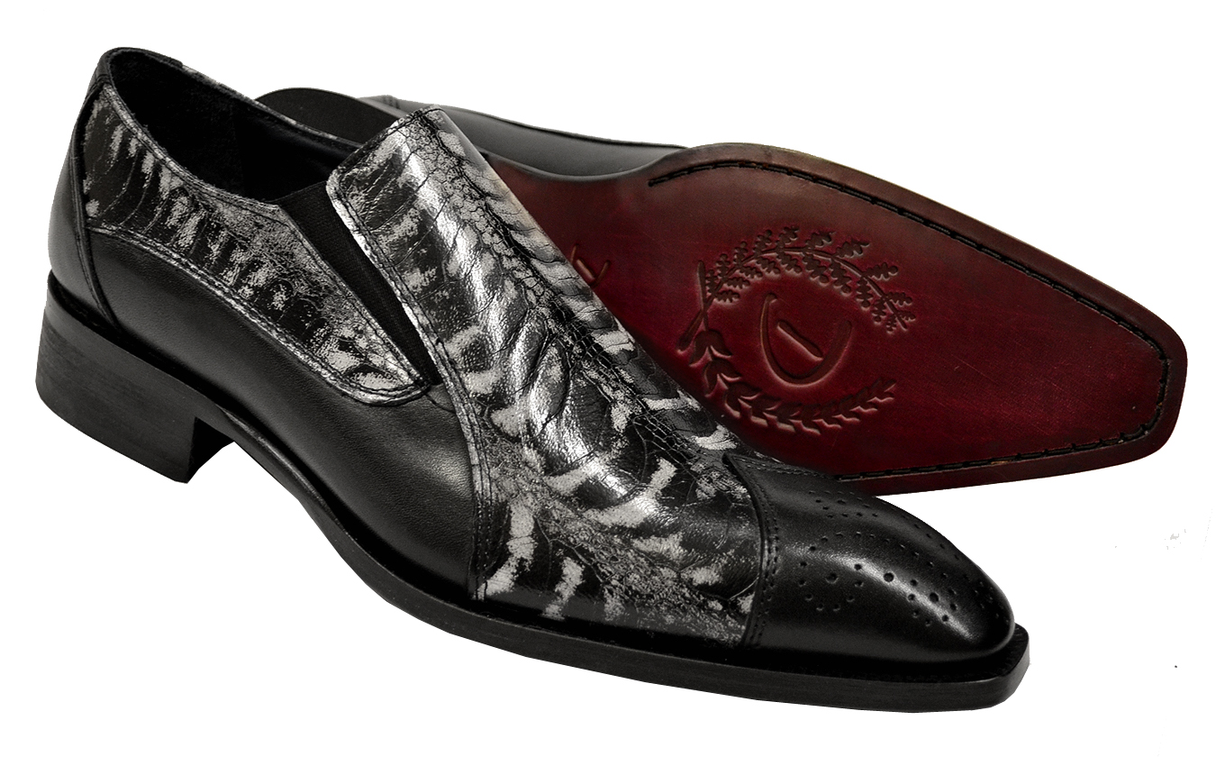 Duca Men's Black and Silver Calfskin and Ostrich Embossed Italian Loafers