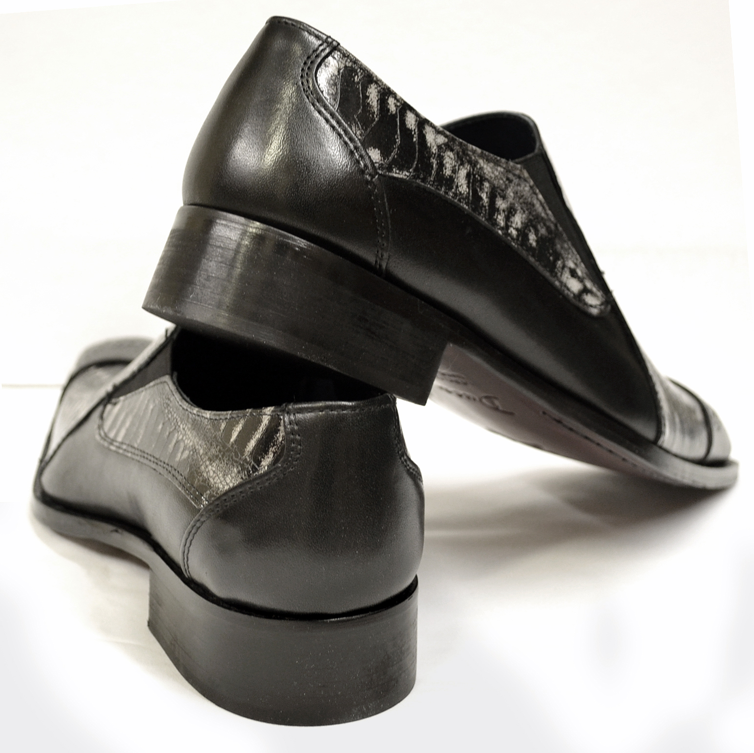 Back of Duca Men's Black and Silver Calfskin and Ostrich Embossed Italian Loafers