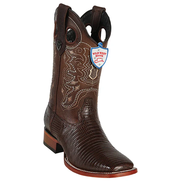 Wild West Brown Genuine Teju Lizard Wide Square Toe Cowboy Boots 28240707