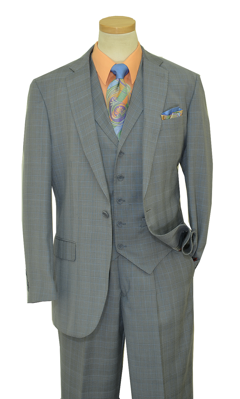 Giorgio Fiorelli Grey / Sky Blue / Black Plaid With Grey Handpick Stitching Super 150's Vested Suit G79581