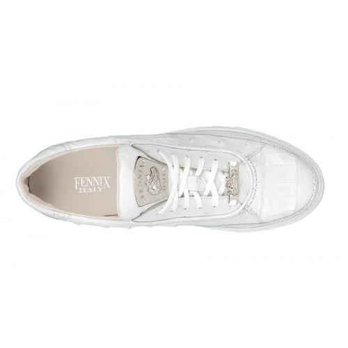 Fennix Italy 3379 White Genuine Crocodile Tail / Ostrich Sneakers With Silver Crocodile Head on Laces /  Fennix Badge On Tongue