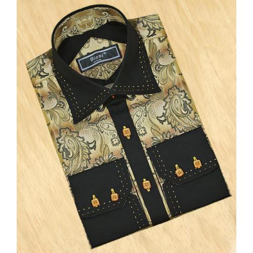 Biani Italy Gold Paisley With Cognac / Gold Double Hand-Pick Stitching Shirt  MS-79