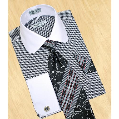 Daniel Ellissa White / Black Houndstooth With White Curve Spread Collar Shirt / Tie / Hanky Set With Free Cufflinks DS3754P2