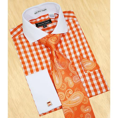 Avanti Uomo Orange / White Windowpanes With White Spread Collar Shirt / Tie / Hanky Set With Free Cufflinks DN46M