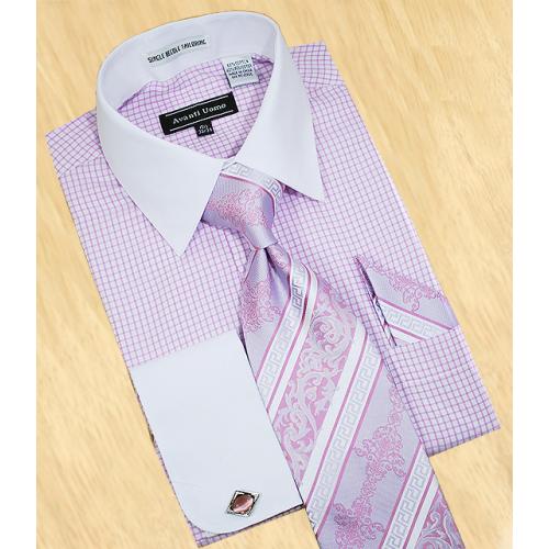 Avanti Uomo White / Lilac Checks With White Spread Collar Shirt / Tie / Hanky Set With Free Cufflinks DN44M
