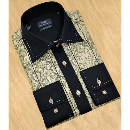 Steven Land Gold / Black Paisley With Gold Hand-Pick Stitching /  Black Spread Collar Shirt  DS 934