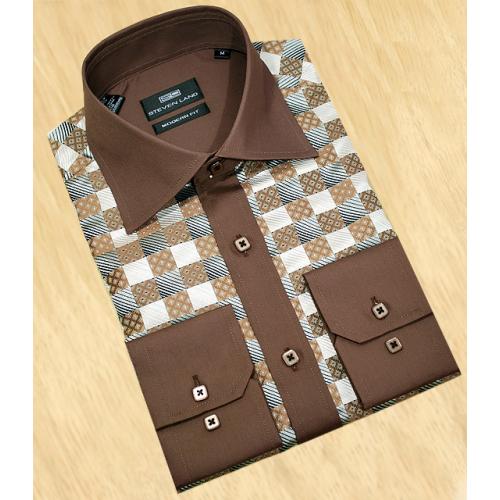 Steven Land Brown / Champagne / Grey Checkerboard Design With Spread Collar Dress Shirt DS968