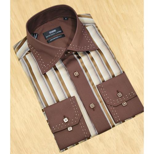 Steven Land Cream With Chocolate Brown Stripes / Cream Dual Hand Pick Stiching  Design With Spread Collar Shirt DS969
