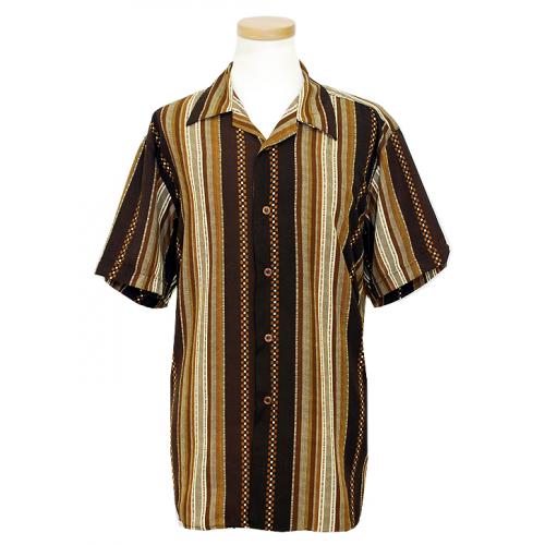 Pronti Brown / Taupe / Cream Vertical Stripe Microfiber Casual Shirt  S5952
