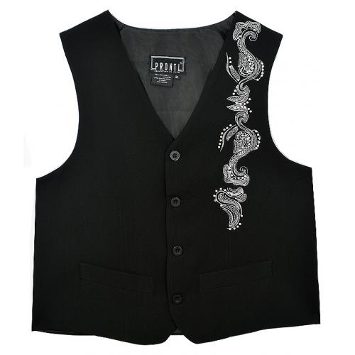 Pronti Black With Silver Grey Embroidery / Silver Metal Studs Vest V3161-2