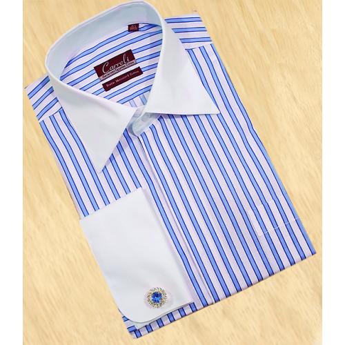 Carreli White with Baby Blue / Royal Blue Stripes 100% Double Mercerized Egyptian cotton French cuff Dress Shirt  2169