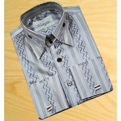 Manzini Platinum Grey / Medium Grey Geometric Design Casual Dress Shirt With Cufflinks  MZT-112
