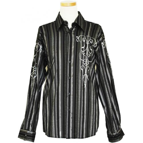 Pronti Black / Silver / Gold Lurex With White Embroidery Casual Shirt S5851