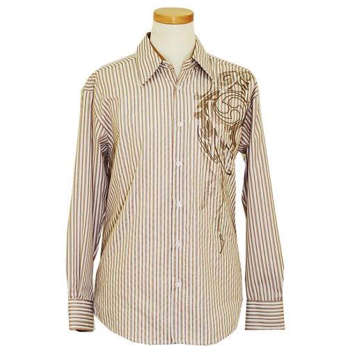 Pronti White With Cognac Stripes / Cognac Embroidery 100% Cotton Casual Shirt