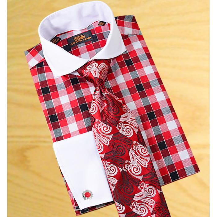 Men's Stevenland Multi-Color 100% Cotton Long Sleeve Dress Shirt w/100% Silk Tie