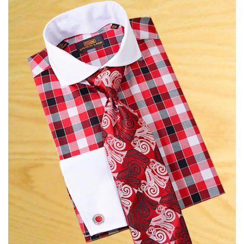 Steven Land Red / Black / White Checkerboard Design With White Spread Collar /  White French Cuffs 100% Cotton Dress Shirt DS1090