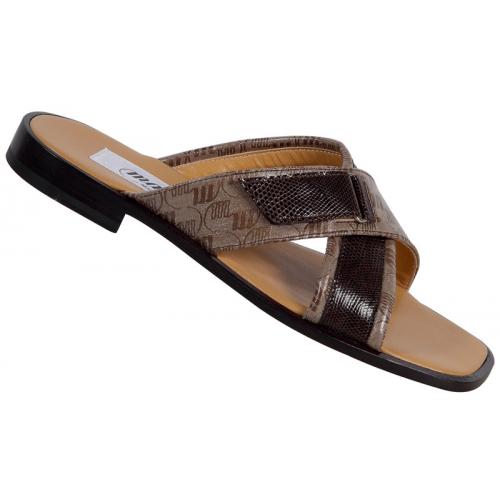 Mauri 1202/3 Dark Brown Genuine Lizard / Mogano-Beige Iridescent Mauri Fabric Sandals
