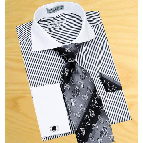 Daniel Ellissa White / Charcoal Stripes Shirt /Tie/Hanky Set With Free Cuff links DS3752P2