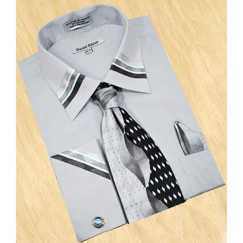 Daniel Ellissa Silver Grey With Charcoal Grey / Silver Grey /White Trimming Shirt / Tie / Hanky Set DS3745P2